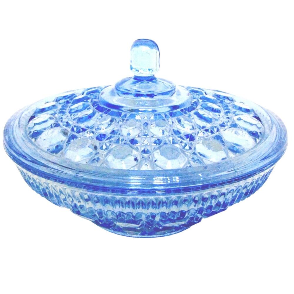 Blue Glass Covered Candy Dish 7.5" Round Bowl Handled Lid Large Button Vintage